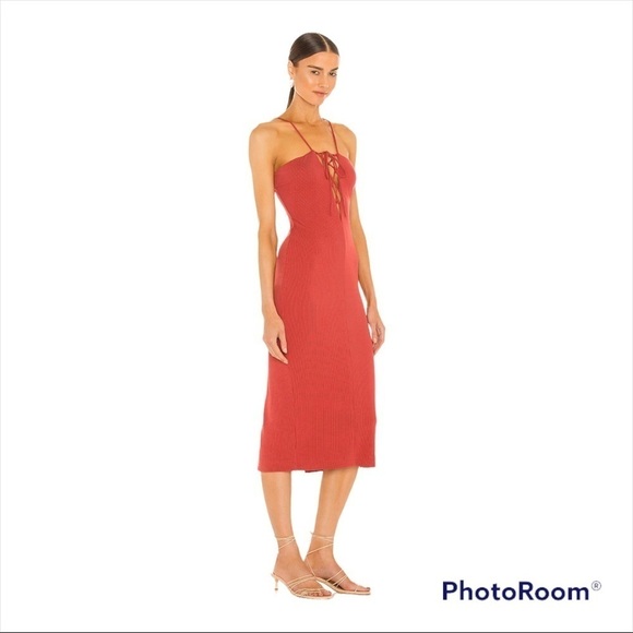 NBD x REVOLVE Berry Red Ribbed Lace up Front Midi Dress Two Tone Crimson, Small - Picture 4 of 8